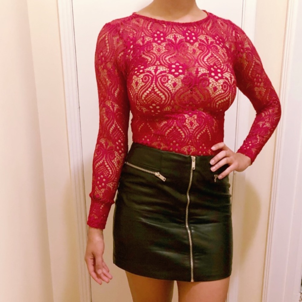 Red Sheer Lace Bodysuit